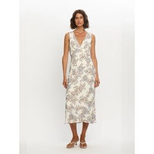 Kivari Cream Floral Midi Dress with Blue and Tan Print